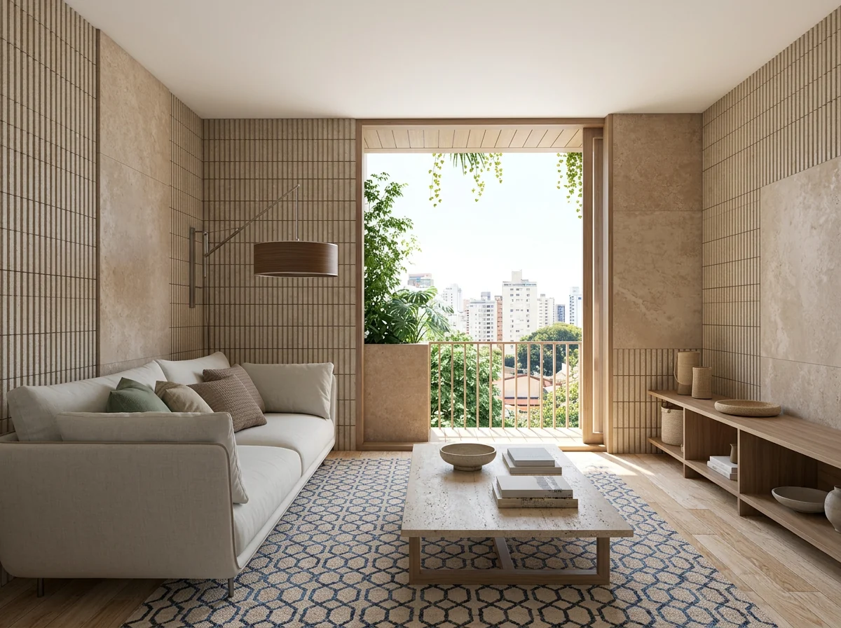 Sala de Torre Ganges con sofá claro, mesa de centro y balcón