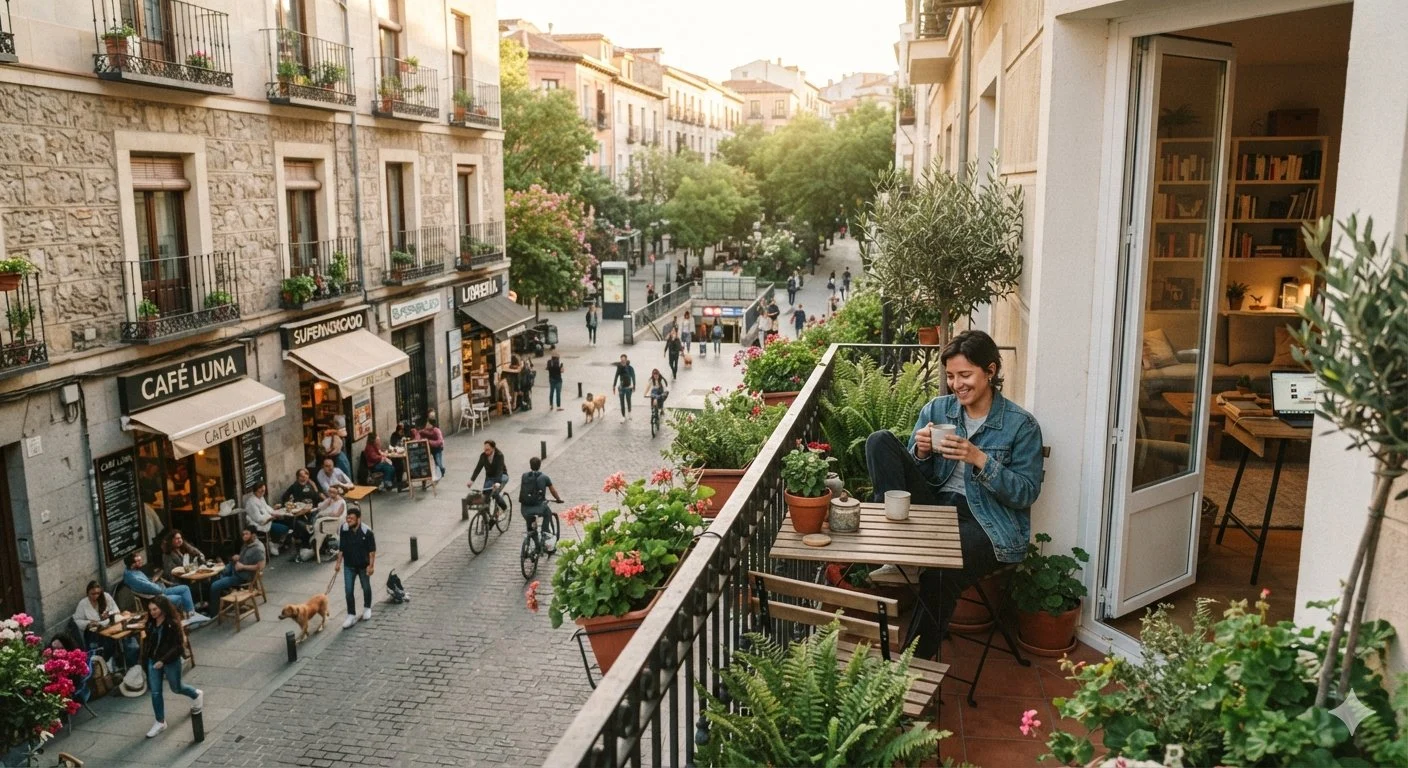 Balcón con plantas frente a una calle de barrio con cafés