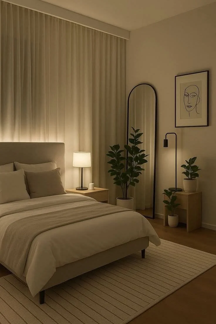 Habitación cálida con plantas, espejo y luz tenue