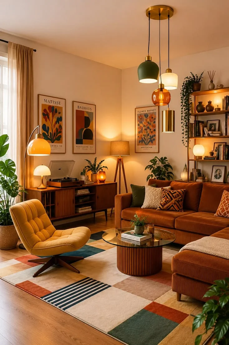 Sala decorada con iluminación cálida y muebles de colores