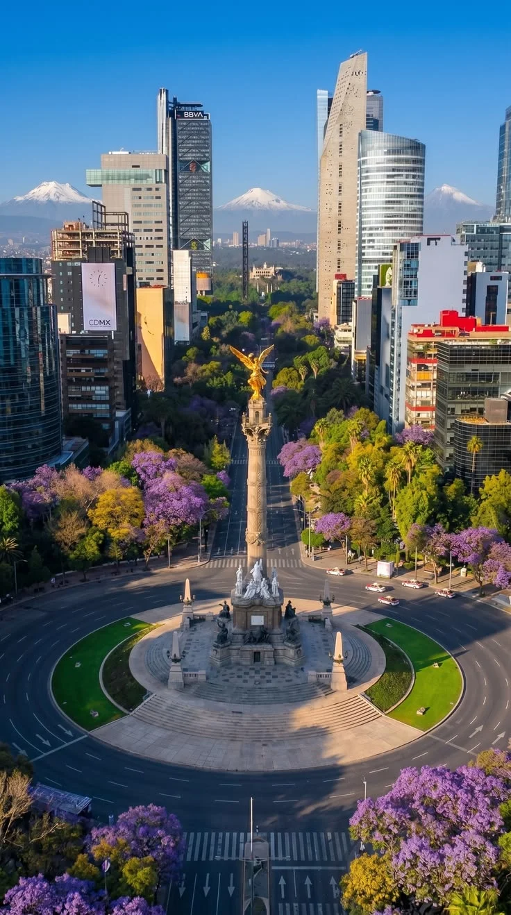 Vista aérea del Ángel de la Independencia y Paseo de la Reforma