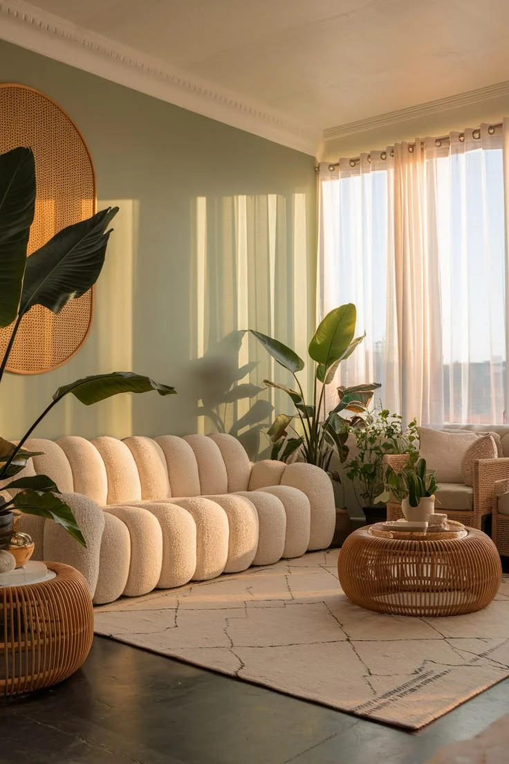 Sala con plantas, sofá claro y luz natural