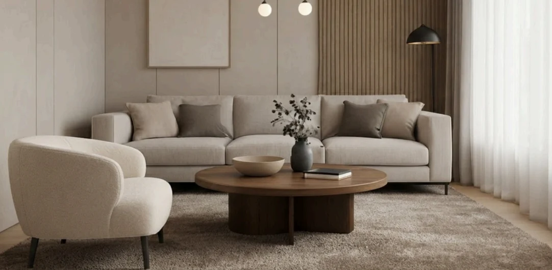 Sala de tonos cálidos con sofá y mesa de centro