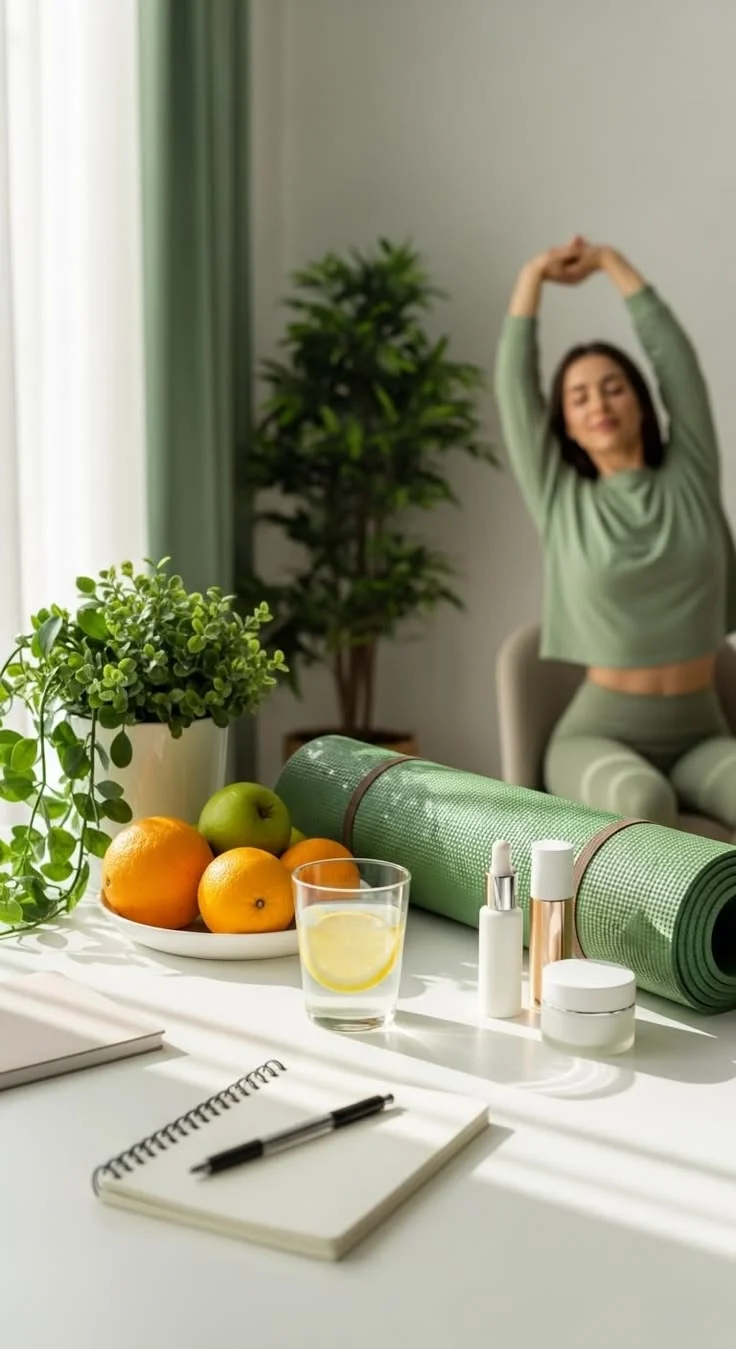 Rutina de bienestar en casa con plantas y fruta
