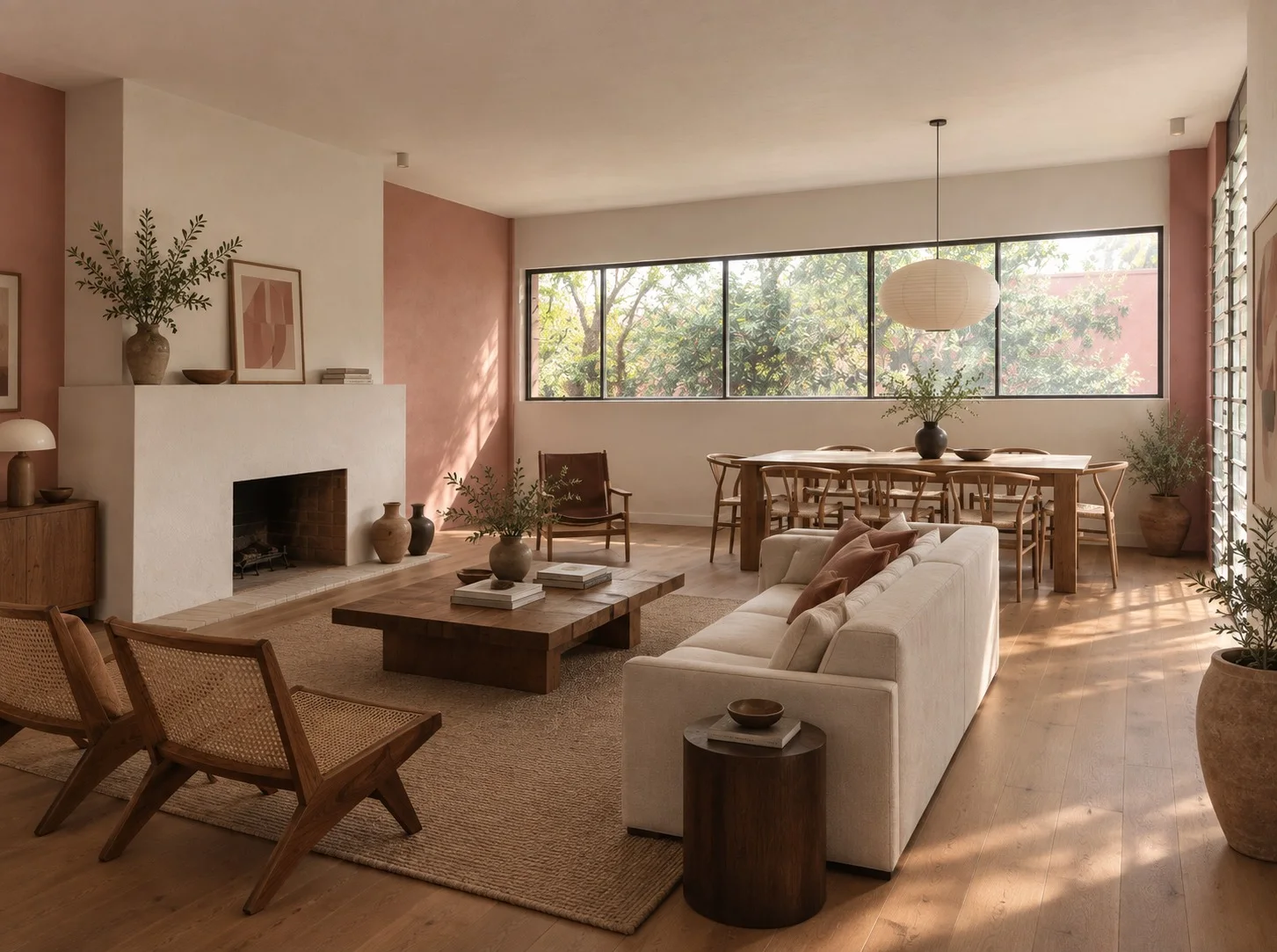 Sala y comedor de Torre Misisipi con chimenea y grandes ventanales