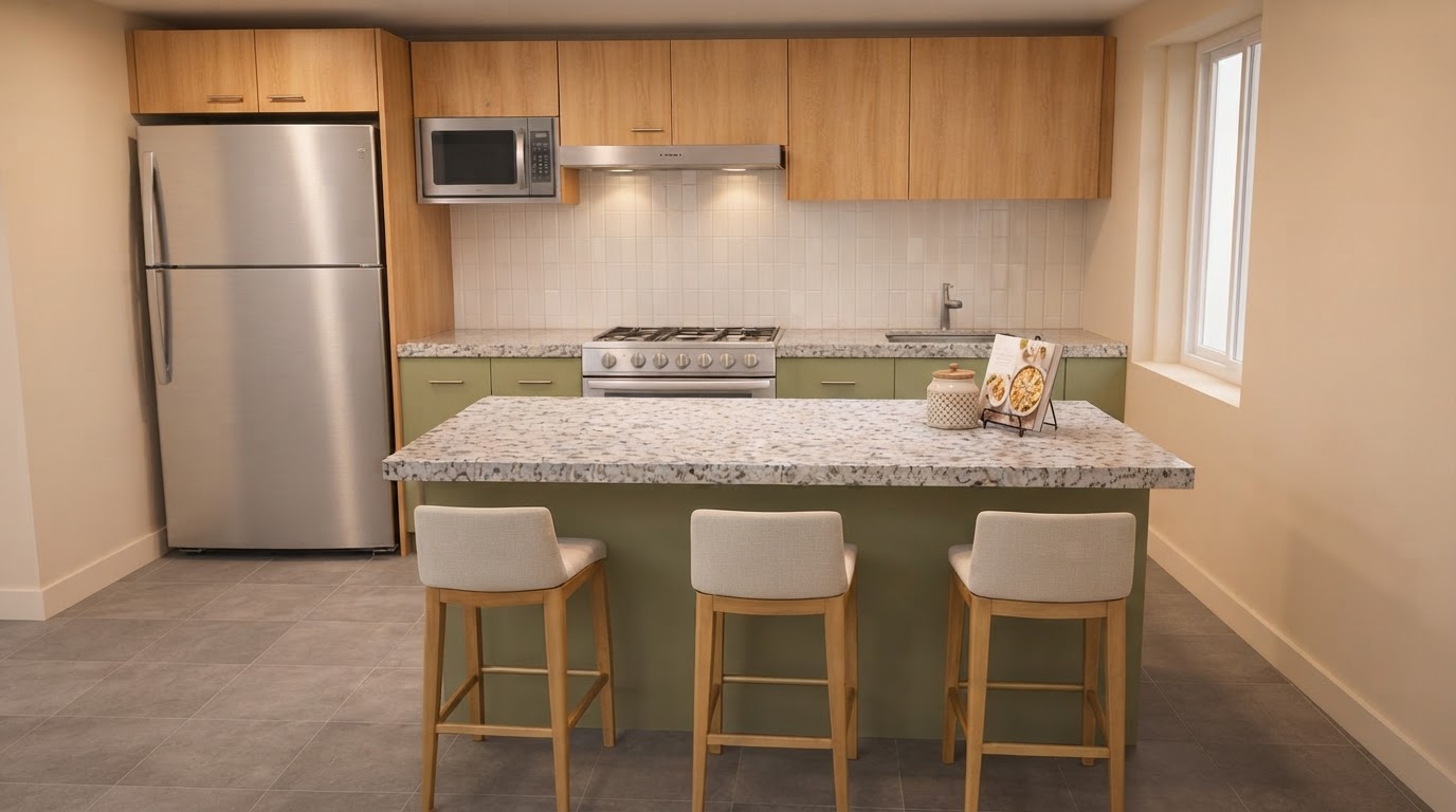 Cocina de Torre Tíber con isla, tres bancos y gabinetes de madera