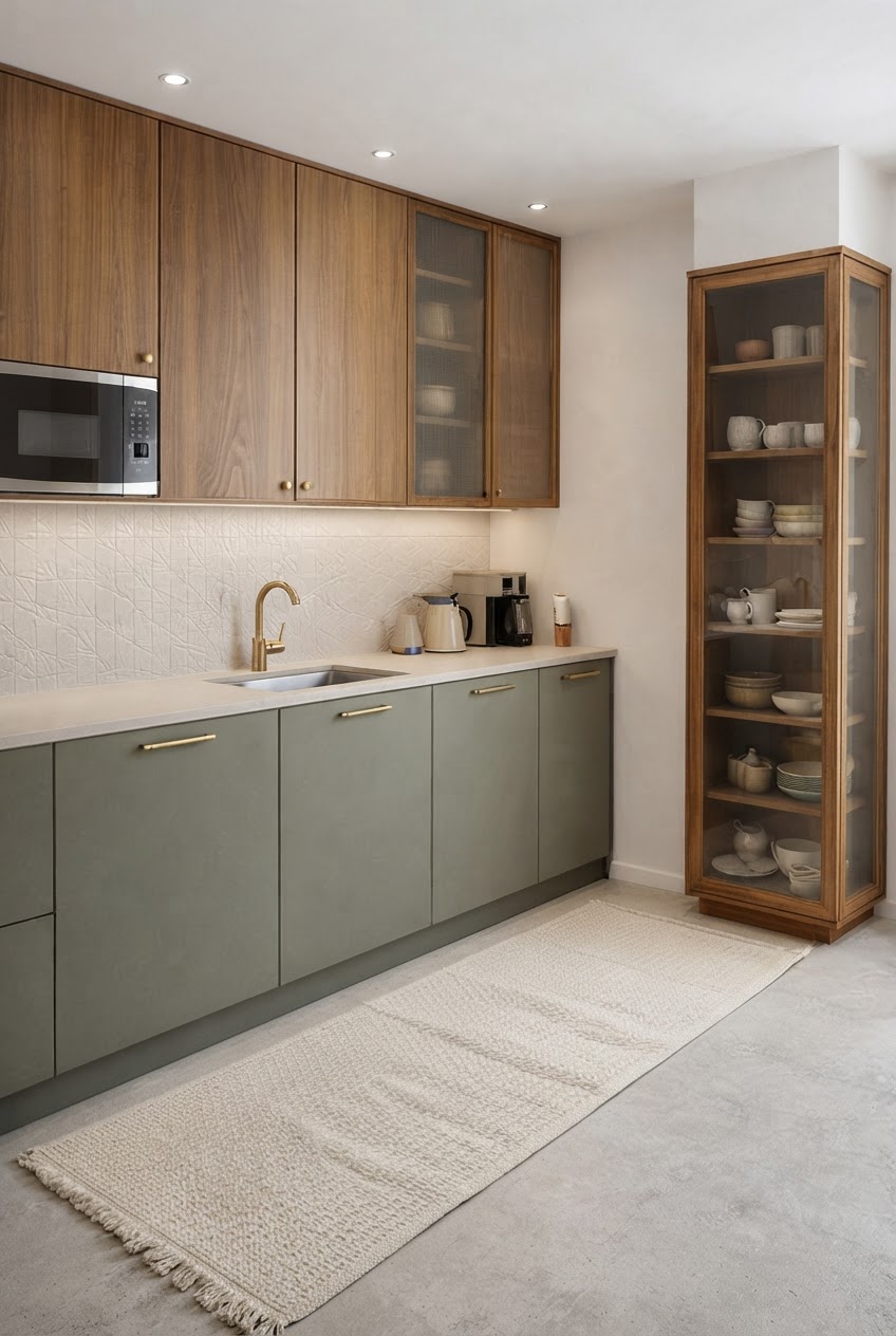 Cocina de Torre Tíber con gabinetes de madera, fregadero y vitrina